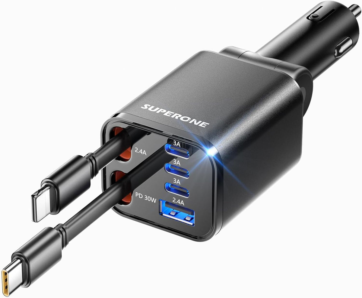 Retractable Car Charger, SUPERONE 99W Car Phone Charger with Dual Cables