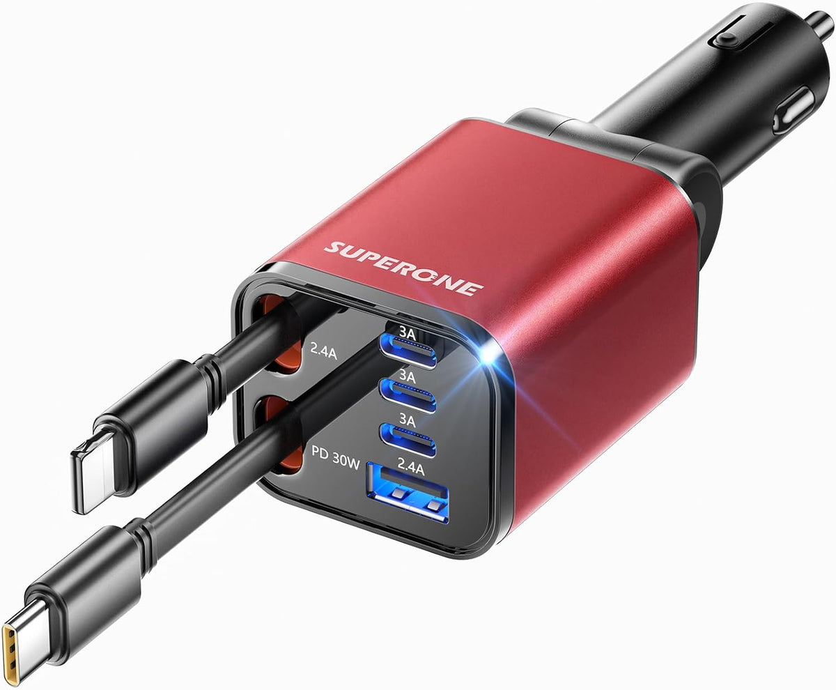 Retractable Car Charger, SUPERONE 99W Car Phone Charger with Dual Cables