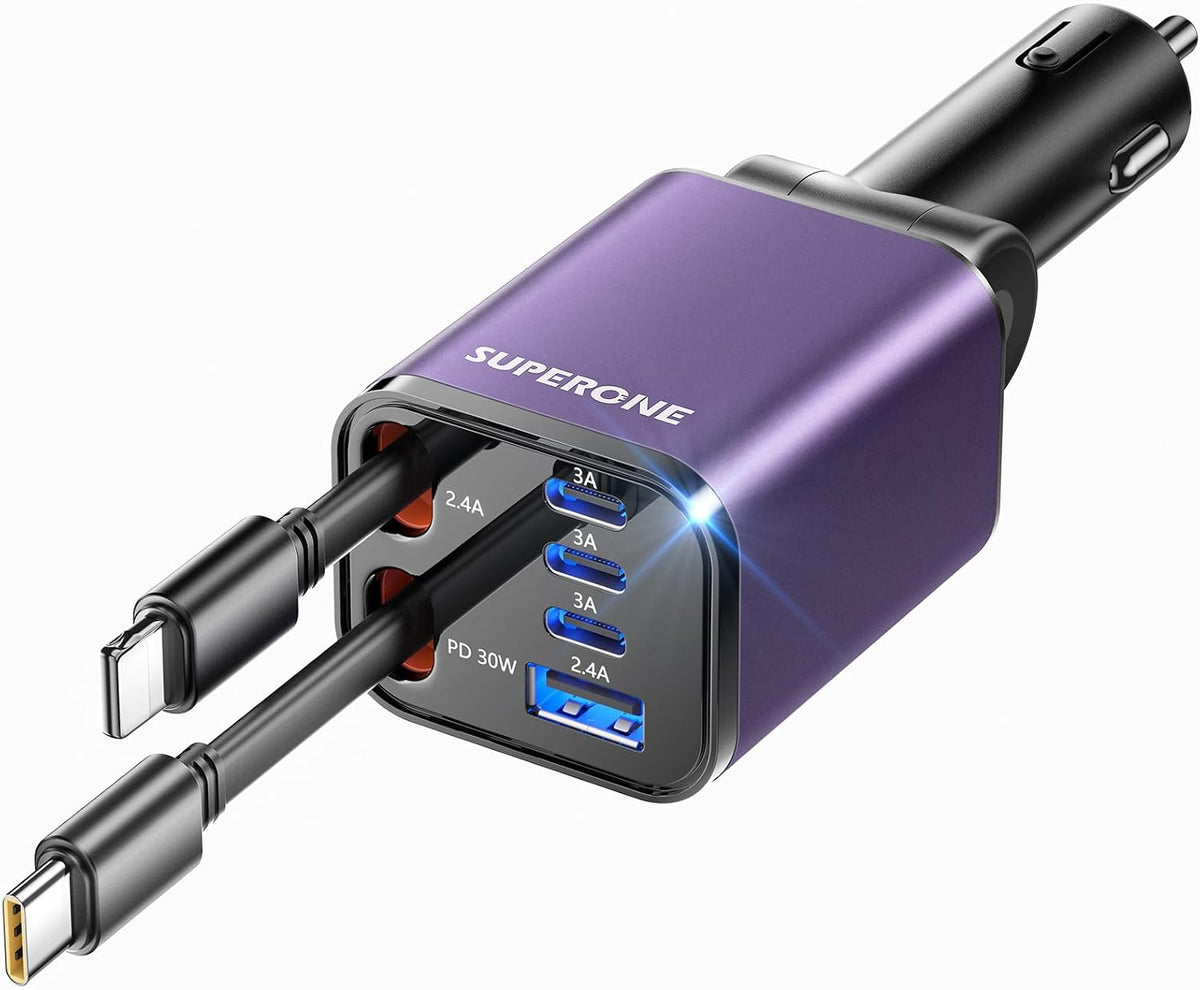 Retractable Car Charger, SUPERONE 99W Car Phone Charger with Dual Cables