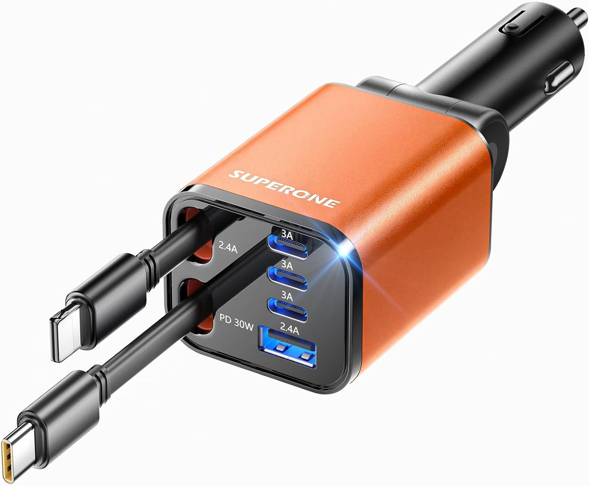 Retractable Car Charger, SUPERONE 99W Car Phone Charger with Dual Cables