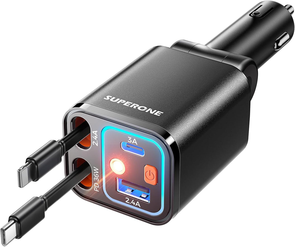 Retractable Car Charger, SUPERONE 99W Car Phone Charger with Dual Cables