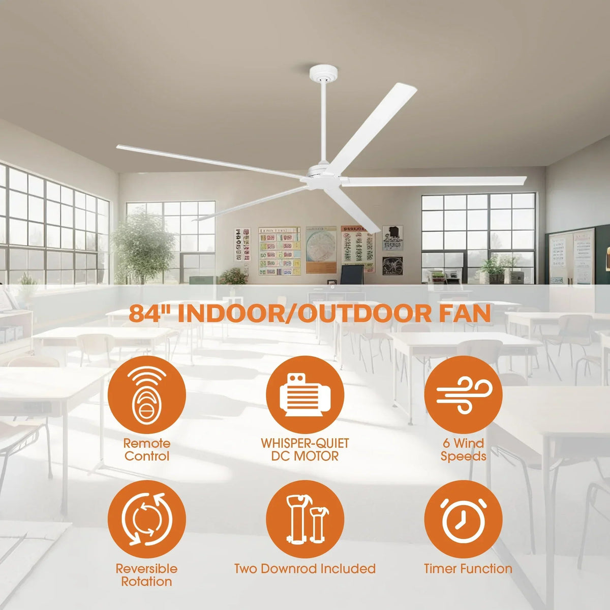 72 Inch 84 Inch Winni IPX4 Outdoor Downrod Mount Ceiling Fan with Remote Control
